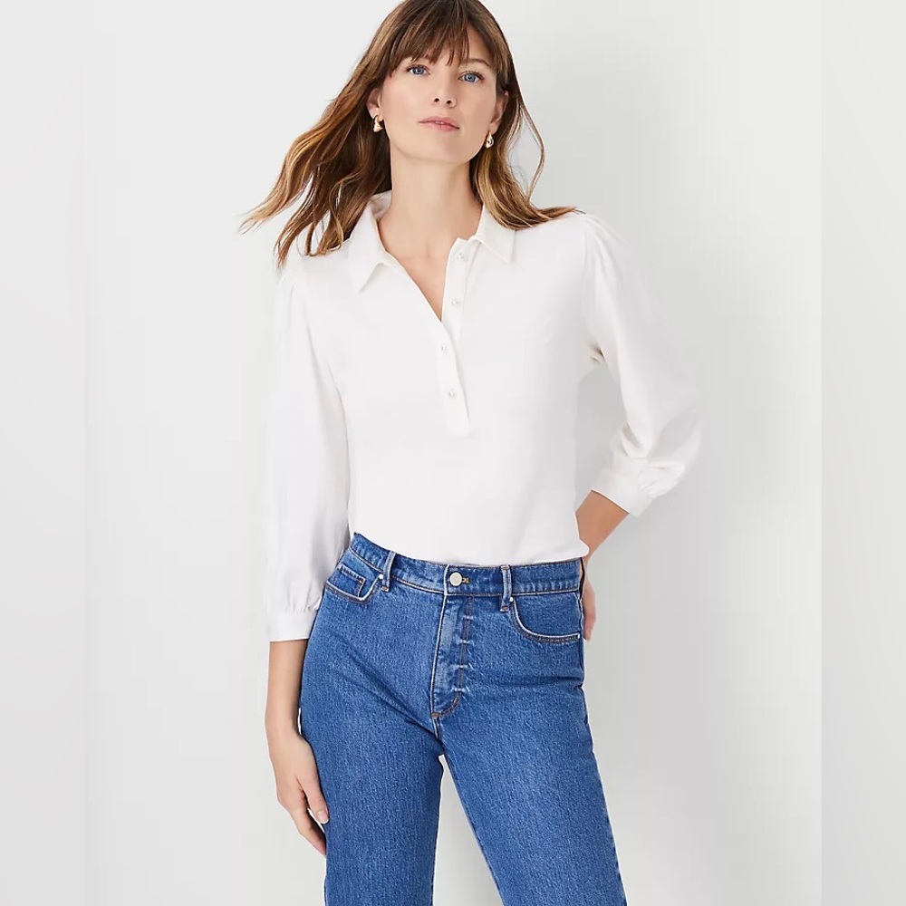 Ann Taylor Pearlized Button Polo Top Ivory